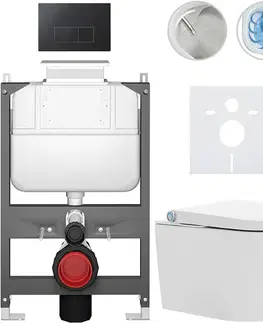 Záchody CERANO - Závesné WC s bidetom Basic/Cronus Standard - biela lesklá - WC tlačidlo Modulo/Čierna - ovládanie zhora - predstenová inštalácia - 59,3x38,4 CER-8050BD86455