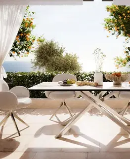 Záhradné stoly DELIFE Záhradný jedálenský stôl Edge 200×100 cm keramika Minas melange bielo-béžová krížová podstava obdĺžnik nerezová oceľ