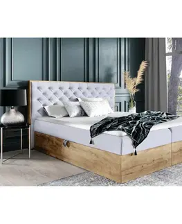 Postele KONDELA Wood 3 boxspringová manželská posteľ sivá / dub lancelot