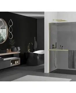 Sprchové dvere MEXEN/S - Kioto+ L Sprchová zástena WALK-IN s poličkou a držiakom uterákov 70 x 200, grafit, zlatá kartáčovaná 800-070-123-55-40