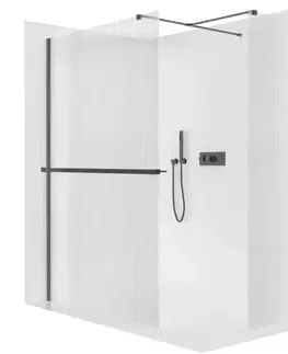 Držadlá k vani CERANO - Sprchová zástěna Walk-in Onyx T L/P - 8 mm - hranatá vzpěra + polička/držák na ručníky - černá matná, rýhované sklo - 80x80x200  CER-8050BD4118
