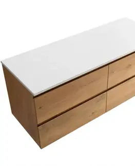 Kúpeľňový nábytok CERANO - Kúpeľňová skrinka Carole - dub medový + doska pod umývadlo z lit. mramoru Elanys - 12 mm - biela matná - 140x49,2x46 CER-8050BD85520