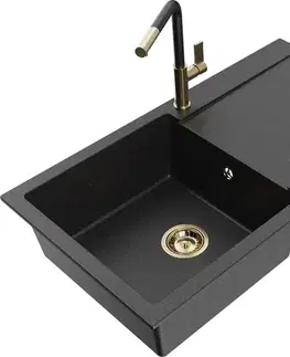 Kuchynské drezy MEXEN/S MEXEN/S - Leo granitový drez 1 s odkvapkávačom vrátane batérie Flora, čierna/strieborná metalík 6501-73-670401-57-G