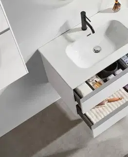 Kúpeľňový nábytok CERANO - Kúpeľňová skrinka Velora - biela matná, úchytka chróm + keramické umývadlo Novo - biela lesklá - 71x54,5x46,5 CER-979880
