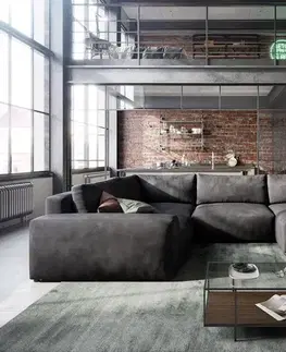 Sedacie súpravy XL DELIFE Pohovka v tvare U Lanzo 300x210 cm imitácia kože vintage antracitová ležadlo variabilné