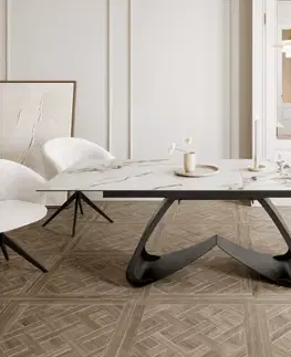Jedálenské stoly DELIFE Jedálenský stôl Edge 180-220x100 keramika Calacatta Luxe bielo-zlato-šedá podstava v tvare W čierna rozkladací