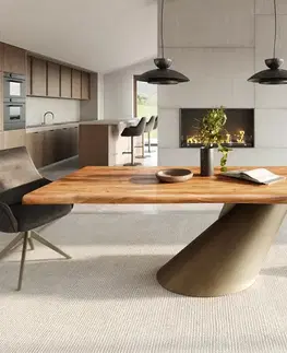 Jedálenské stoly DELIFE Jedálenský stôl Edge 240x100 akácia prírodná kužeľový kov metalická zlatá Live-Edge
