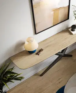 Konzolové stolíky DELIFE Konzolový stolík Edge zaoblený 180×40 cm keramika Laminam® Sabbia dubová farba Estelo kov čierna