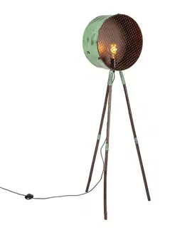 Stojace lampy Vintage stojaca lampa na bambusovom trojnohom zelená s meďou - Barrel