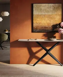 Konzolové stolíky DELIFE Konzolový stolík Edge zaoblený tvar 180×40 cm keramika Laminam® Travertino Bianco krémovo biela Estelo kov čierna