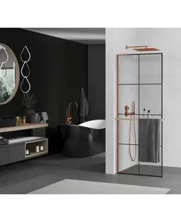 Sprchové dvere MEXEN/S - Kioto+ L Sprchová zástena WALK-IN s poličkou a držiakom uterákov 70 x 200, čierny vzor, meď kartáčovaná 800-070-123-65-77