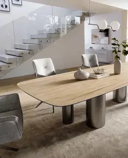 Jedálenské stoly DELIFE Jedálenský stôl Edge zaoblený 300×120 cm keramika Laminam® Sabbia dubová farba podstava nerezová oceľ grafitová