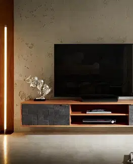 Televízne stolíky DELIFE TV stolík Teele 200 cm akácia prírodná bridlica 2 dvierka závesný