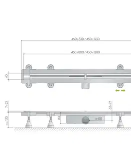 Vane Omp Tea - SUMISURA podlahový žľab s roštom z nerezové oceli, L-450-1230, DN50 983.401.8