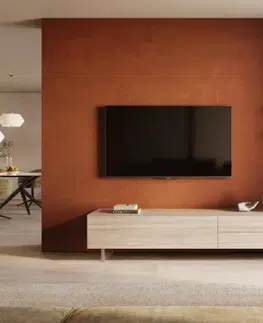 Televízne stolíky DELIFE TV stolík Cuor 220 cm keramika Laminam® Travertino Bianco krémovo biela 1 výklopné dvierka 2 zásuvky podstava závesná akrylové sklo