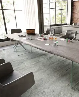 Jedálenské stoly DELIFE Jedálenský stôl Edge 300x100 XL akácia platinové sklo Live-Edge