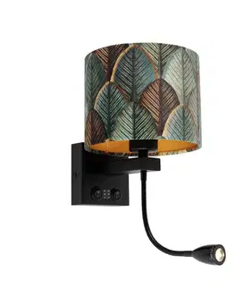 Lampy Nástenná lampa čierna s zamatovým tienidlom s dizajnom listu a zlatým vnútorným priestorom - Brescia Combi