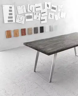 Jedálenské stoly DELIFE Jedálenský stôl Edge 200x100 cm XL akácia platinová nerezová oceľ strieborná skosený Live-Edge