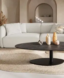 Konferenčné stolíky DELIFE Konferenčný stolík Edge oválny 140x75 cm keramika Laminam® Noir Desir hnedý Vibany kov čierny