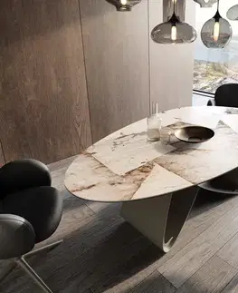 Jedálenské stoly DELIFE Jedálenský stôl Edge oválny 220×120 keramika iris FMG Patagonia Lappato podstava v tvare W kov titánová farba