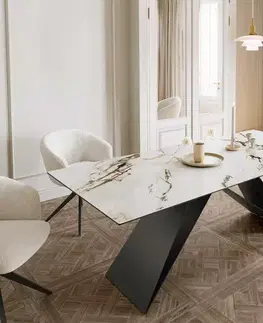 Jedálenské stoly DELIFE Jedálenský stôl Edge 180-220x100 keramika Calacatta Luxe bielo-zlato-šedá podstava v tvare V plochá oceľ čierna rozkladací