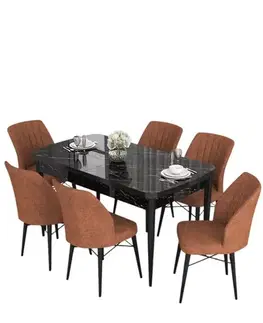Jedálenské sety Extendable Dining Table & Chairs Set (7 Pieces) Eva - Black Marble, Tile Red