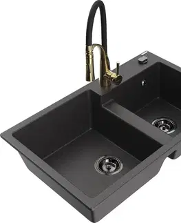 Kuchynské drezy MEXEN/S MEXEN/S - Tomas granitový drez 2-bowl vrátane batérie Aster, čierna kropenatá 6516-76-73450-57-B