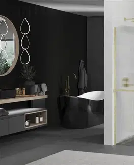 Sprchové dvere MEXEN/S - Kioto+ Sprchová zástena WALK-IN s poličkou a držiakom uterákov 70 x 200, prúžky, zlato kartáčovaná 800-070-121-55-09