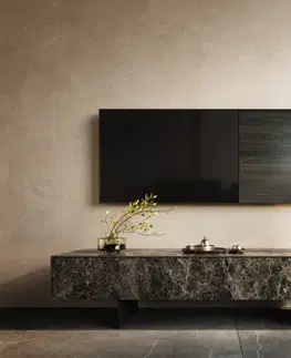 Televízne stolíky DELIFE TV stolík Cuor 150 cm keramika emperador extra leštený tmavohnedá 1 výklopné dvierka 1 zásuvka podstava závesná kov čierna