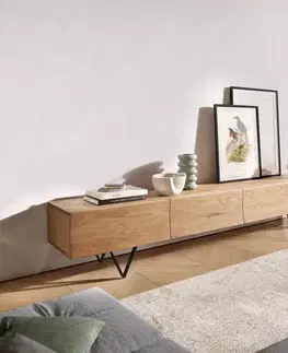 Televízne stolíky DELIFE TV stolík Wyatt 220 cm dub prírodný 4 zásuvky podstava v tvare V kov čierna