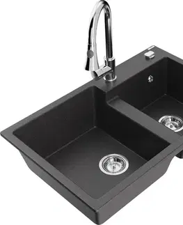Kuchynské drezy MEXEN/S MEXEN/S - Tomas granitový drez 2-bowl vrátane batérie Elia, čierna kropenatá 6516-76-670101-00