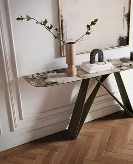 Konzolové stolíky DELIFE Konzolový stolík Edge zaoblený tvar 180×40 cm keramika Patagonia leštená Velio kov titánová farba