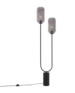 Stojace lampy Art Deco stojaca lampa čierna s dymovým sklom 2-svetlo - Rid