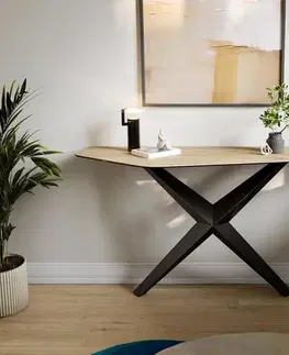 Konzolové stolíky DELIFE Konzolový stolík Edge polygonálny 140×50 cm keramika Laminam® sabbia v dubovej farbe Zentharo kov čierna