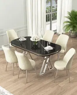 Jedálenské sety Dining Table & Chairs Set (7 Pieces) Lai - Black Marble, Chrome, Cream