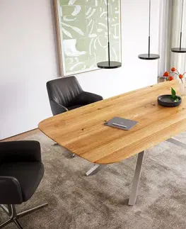 Jedálenské stoly DELIFE Jedálenský stôl Edge zaoblený tvar 240x120x2,5-3 dub prírodný krížová podstava obdĺžnik nerezová oceľ švajčiarska hrana