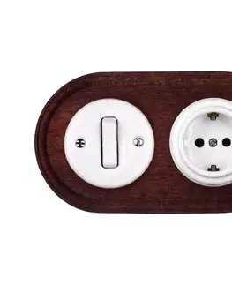 Predlžovacie káble Elhard - Keramický retro vypínač č. 1 a zásuvka 230V s rámom SCHUKO biela/drevo EF0114+EF0081+EF0087