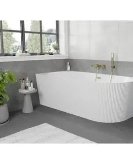 Vane MEXEN/S - Silo voľne stojaca rohová vaňa ľavá reliéf 170 x 80, biela, sifón a prepad zlatá kartáčovaná 52891708000L-55