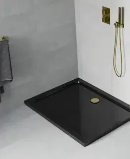 Vane MEXEN/S - Flat sprchová vanička obdĺžniková slim 80 x 70, čierna + zlatý sifón 40707080G