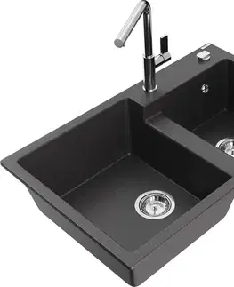 Kuchynské drezy MEXEN/S MEXEN/S - Tomas granitový drez 2-bowl vrátane batérie Flora, čierna kropenatá 6516-76-670401-00