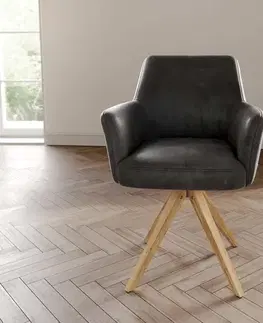 Jedálenské stoličky DELIFE Otočná jedálenská stolička Xana-Flex s opierkami mikrovlákno antracit vintage drevená podstava hranatá prírodná 180° otočná vrecková pružina