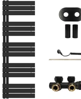 Doplnky do kúpeľne CERANO - Koupelnový radiátorový set Theo - kombinované vytápění, termo tyč - asymetrické připojení 50 mm - 600W - černá matná - 1600x500 mm CER-970864
