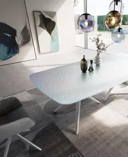Jedálenské stoly DELIFE Jedálenský stôl Edge oválny 240x120 reliéfne sklo perleť 3D dizajn Estelar okrúhly kov biela