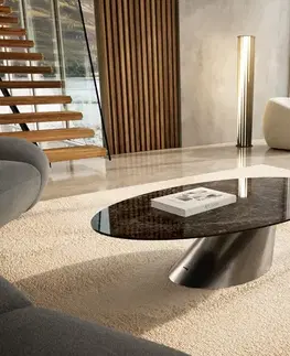 Konferenčné stolíky DELIFE Konferenčný stolík Edge oválny 140x80 cm keramika Laminam® Emperador Extra Lucidato tmavohnedá Conis nerezová oceľ kefovaná