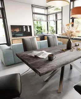 Jedálenské stoly DELIFE Jedálenský stôl Edge 200x100 XL akácia platinová krížová podstava obdĺžnik nerezová oceľ Live-Edge