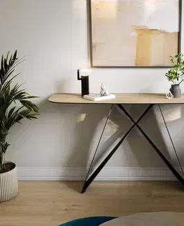 Konzolové stolíky DELIFE Konzolový stolík Edge zaoblený 140×40 cm keramika Laminam® Sabbia dubová farba Velio kov čierna