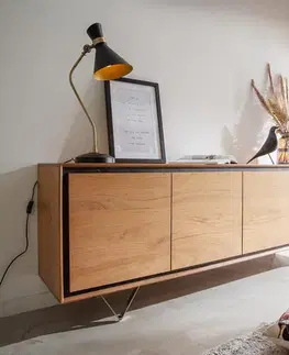 Komody DELIFE Komoda Stonegrace 200 cm akácia prírodná 4 dvierka kamenná dyha podstava v tvare V