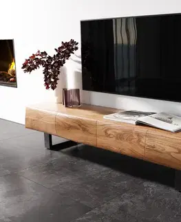 Televízne stolíky DELIFE TV stolík New Live-Edge 175 cm akácia prírodná 4 dvierka kovová tenká podstava čierna
