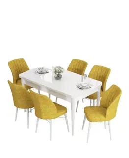 Jedálenské sety Extendable Dining Table & Chairs Set (7 Pieces) Eva - White, Mustard