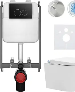 Záchody CERANO - Závesné WC s bidetom Basic/Cronus Standard - biela lesklá - WC tlačidlo Dualo/Čierna - na zamurovanie - 59,3x38,4 CER-8050BD86426